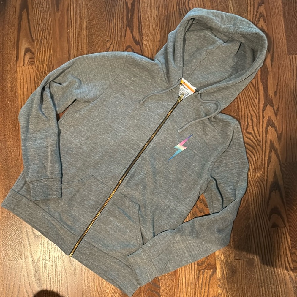 Aviator Nation Gray Zip Hoodie with Pastel Lightning Bolt